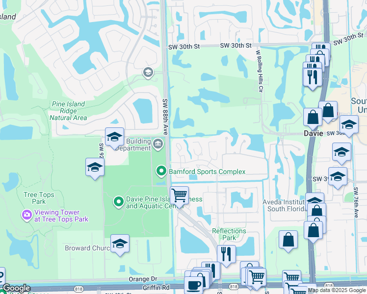 map of restaurants, bars, coffee shops, grocery stores, and more near 3614 Citrus Trce in Davie