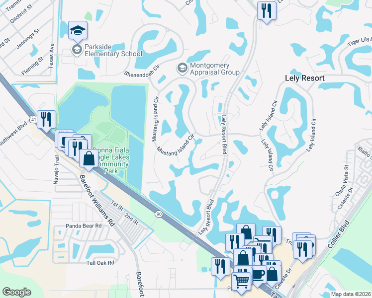 map of restaurants, bars, coffee shops, grocery stores, and more near 8990 Mustang Island Circle in Naples
