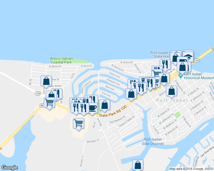 map of restaurants, bars, coffee shops, grocery stores, and more near 1101 Pompano Avenue in Port Isabel