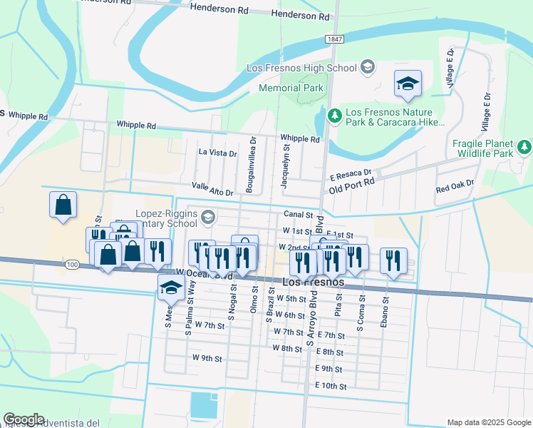 map of restaurants, bars, coffee shops, grocery stores, and more near 297 North Canal Street in Los Fresnos