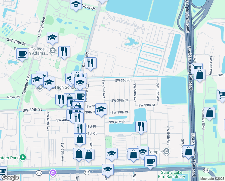 map of restaurants, bars, coffee shops, grocery stores, and more near 3682 Southwest 60th Terrace in Davie
