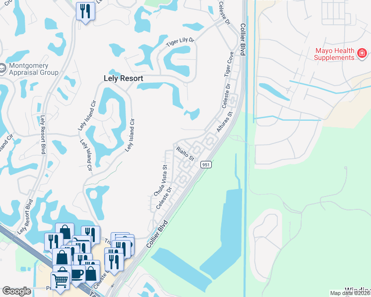 map of restaurants, bars, coffee shops, grocery stores, and more near 9077 Rialto Street in Naples