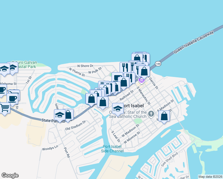 map of restaurants, bars, coffee shops, grocery stores, and more near 2002 Yturria Street in Port Isabel
