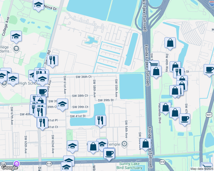 map of restaurants, bars, coffee shops, grocery stores, and more near 5600 Southwest 37th Street in Davie