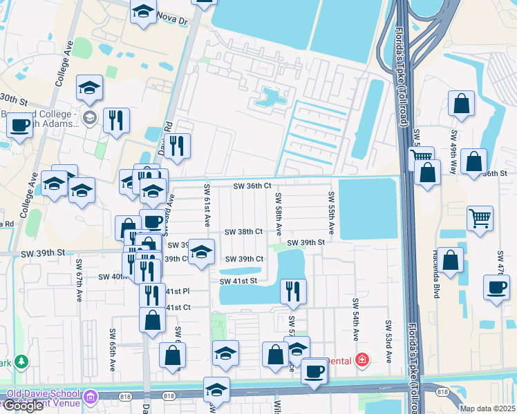 map of restaurants, bars, coffee shops, grocery stores, and more near 3700 Southwest 58th Terrace in Davie