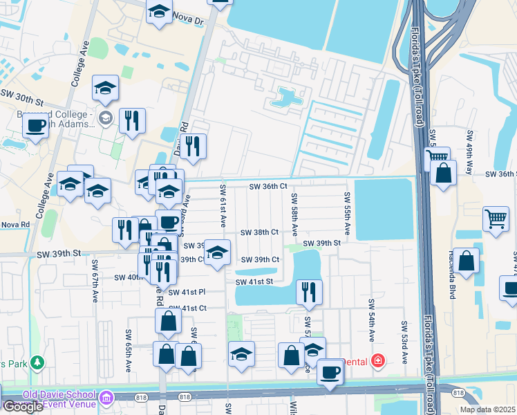 map of restaurants, bars, coffee shops, grocery stores, and more near 3686 Southwest 59th Terrace in Davie