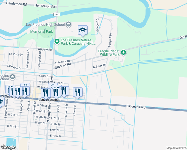 map of restaurants, bars, coffee shops, grocery stores, and more near Village Oak Cir in Los Fresnos