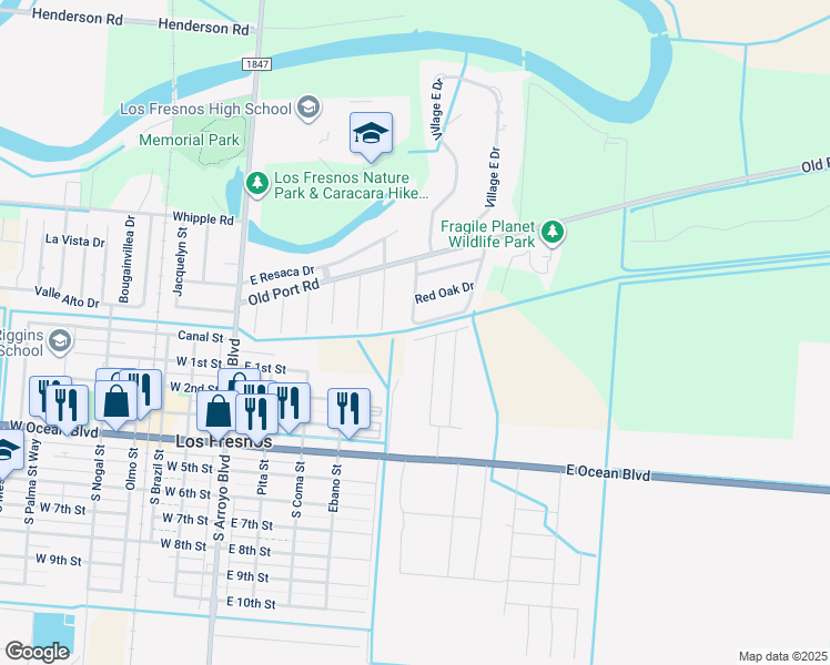map of restaurants, bars, coffee shops, grocery stores, and more near Village Oak Cir in Los Fresnos