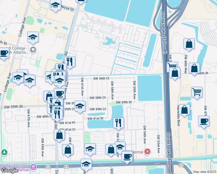 map of restaurants, bars, coffee shops, grocery stores, and more near 3730 Southwest 58th Terrace in Davie