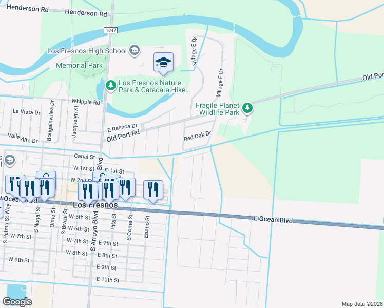 map of restaurants, bars, coffee shops, grocery stores, and more near Village Oak Cir in Los Fresnos