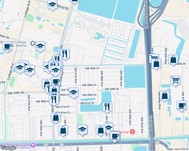 map of restaurants, bars, coffee shops, grocery stores, and more near 3700 Southwest 58th Terrace in Davie