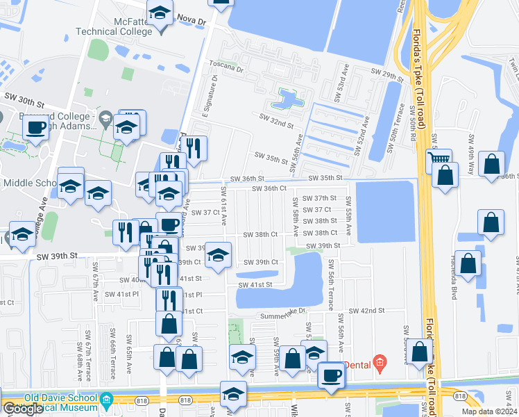 map of restaurants, bars, coffee shops, grocery stores, and more near 3686 Southwest 59th Terrace in Davie