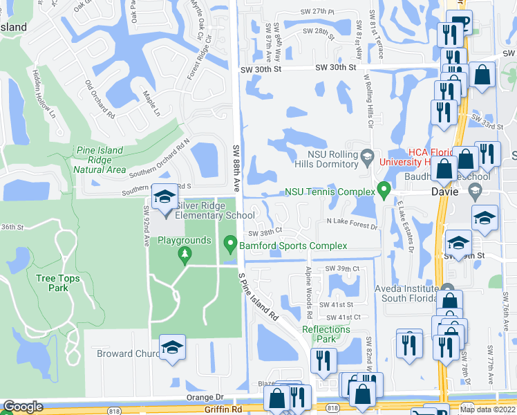 map of restaurants, bars, coffee shops, grocery stores, and more near 3622 Citrus Trce in Davie