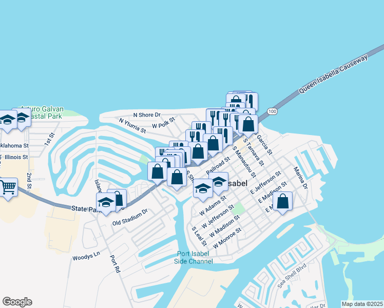map of restaurants, bars, coffee shops, grocery stores, and more near 202 West Queen Isabella Boulevard in Port Isabel
