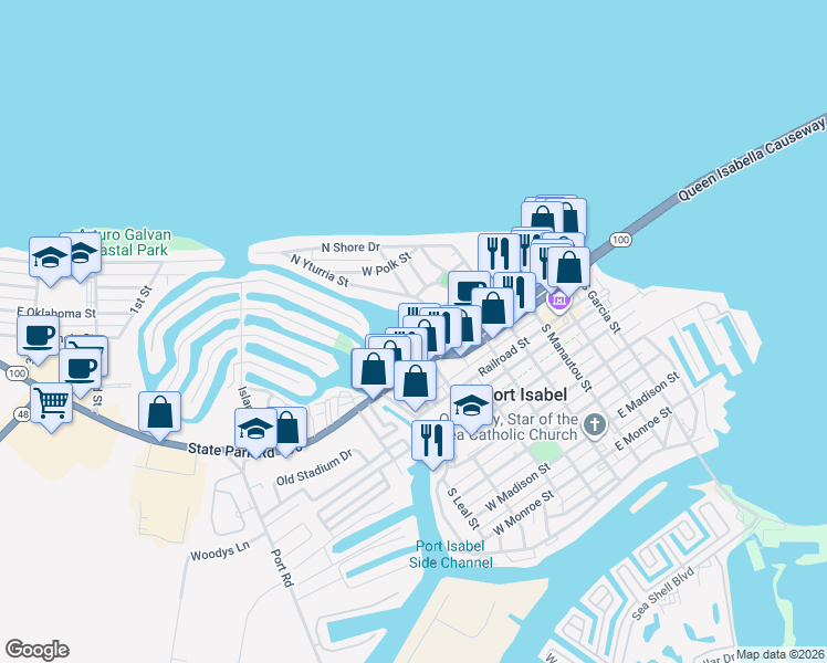 map of restaurants, bars, coffee shops, grocery stores, and more near 625A North Yturria Street in Port Isabel