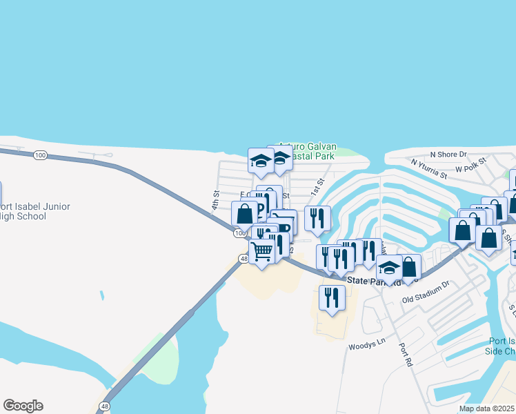 map of restaurants, bars, coffee shops, grocery stores, and more near 1745 Oklahoma Avenue in Port Isabel