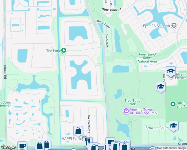 map of restaurants, bars, coffee shops, grocery stores, and more near 3623 Churchill Downs Drive in Davie