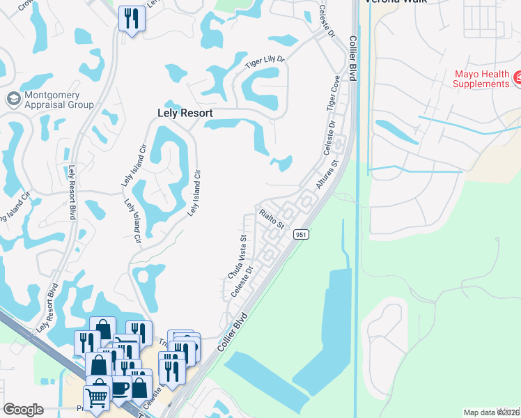 map of restaurants, bars, coffee shops, grocery stores, and more near 9077 Rialto Street in Naples