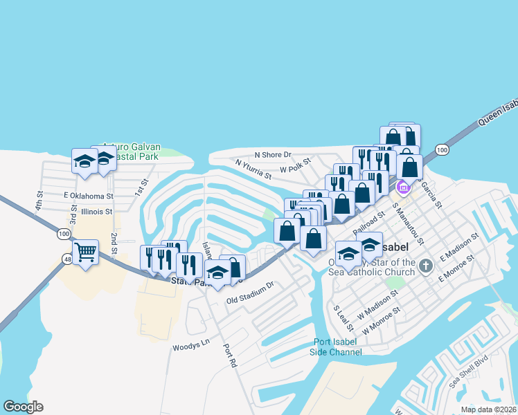 map of restaurants, bars, coffee shops, grocery stores, and more near 910 Pompano Avenue in Port Isabel