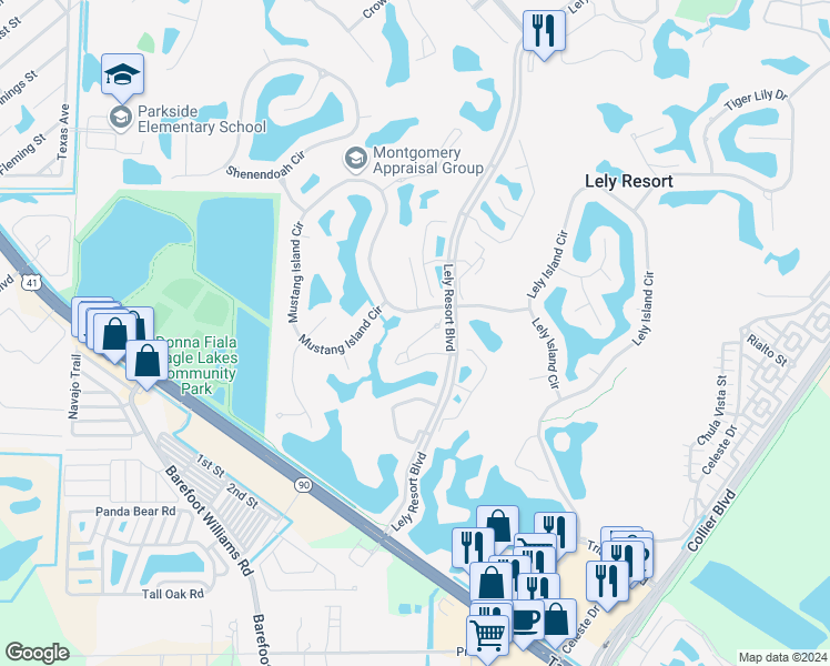 map of restaurants, bars, coffee shops, grocery stores, and more near 8546 Mustang Drive in Naples