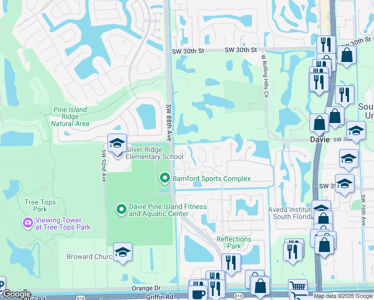 map of restaurants, bars, coffee shops, grocery stores, and more near 3622 Citrus Trce in Davie