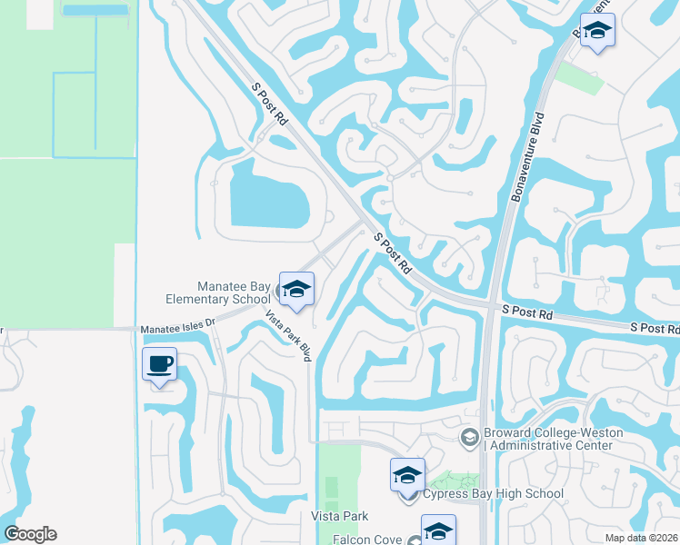 map of restaurants, bars, coffee shops, grocery stores, and more near 19032 Park Ridge Street in Weston