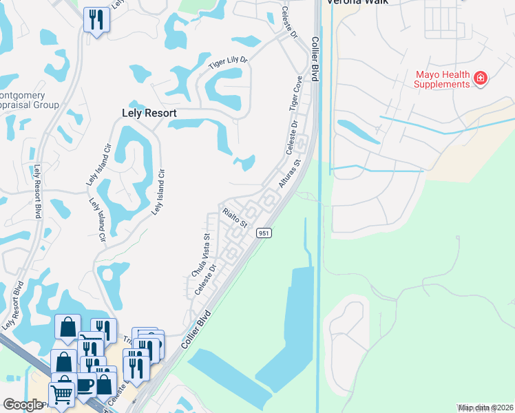 map of restaurants, bars, coffee shops, grocery stores, and more near 9081 Covina Drive North in Naples