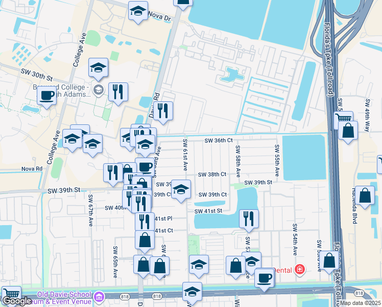 map of restaurants, bars, coffee shops, grocery stores, and more near 3682 Southwest 60th Terrace in Davie