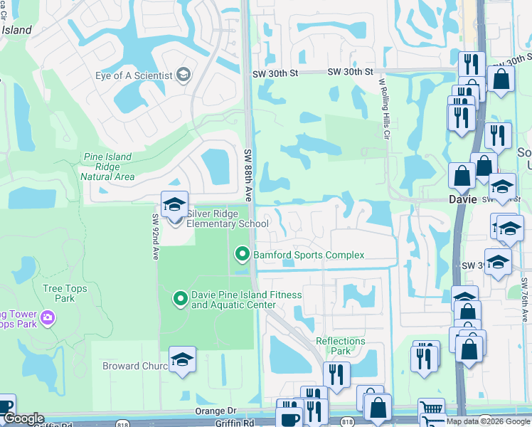 map of restaurants, bars, coffee shops, grocery stores, and more near 3622 Citrus Trce in Davie