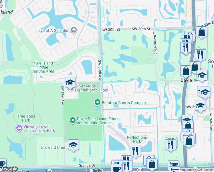 map of restaurants, bars, coffee shops, grocery stores, and more near 3614 Citrus Trce in Davie