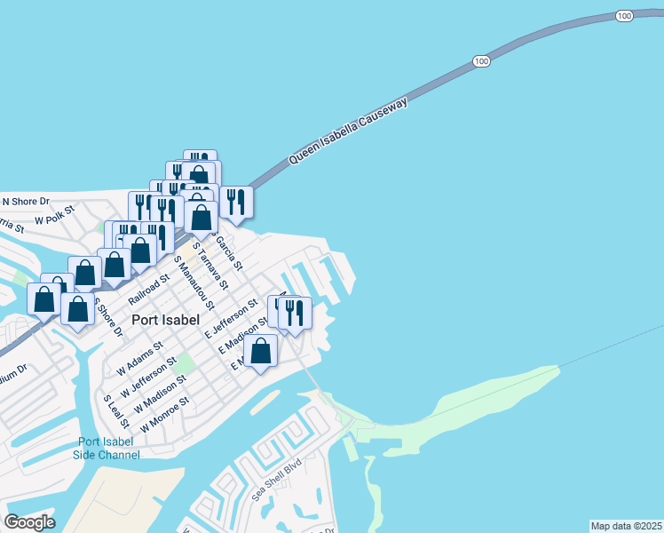 map of restaurants, bars, coffee shops, grocery stores, and more near 159 Queens Point Dr in Port Isabel