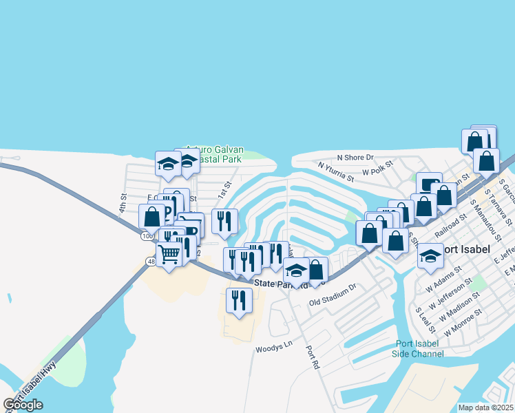 map of restaurants, bars, coffee shops, grocery stores, and more near 1406 Harbor Island Drive in Port Isabel