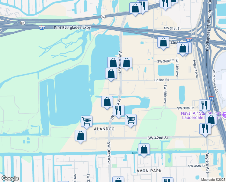 map of restaurants, bars, coffee shops, grocery stores, and more near SW 36th St in Fort Lauderdale
