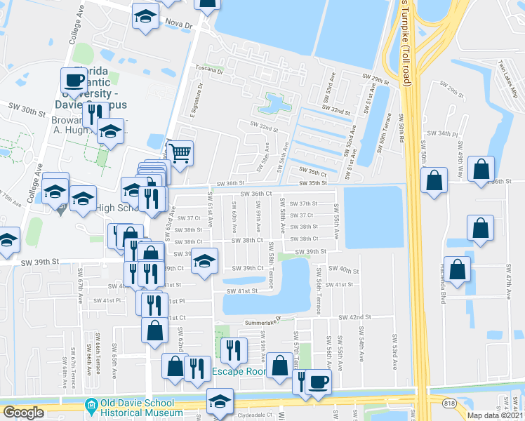 map of restaurants, bars, coffee shops, grocery stores, and more near 3700 Southwest 58th Terrace in Davie