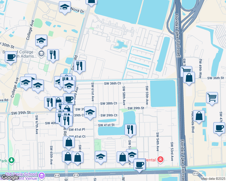 map of restaurants, bars, coffee shops, grocery stores, and more near 3686 Southwest 59th Terrace in Davie