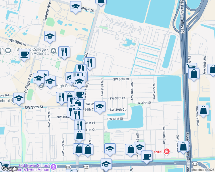 map of restaurants, bars, coffee shops, grocery stores, and more near 3682 Southwest 60th Terrace in Davie