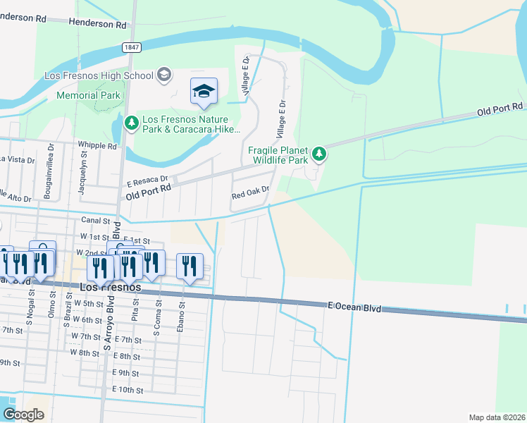 map of restaurants, bars, coffee shops, grocery stores, and more near 114-517 Valley Oak Circle in Los Fresnos