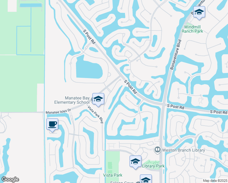 map of restaurants, bars, coffee shops, grocery stores, and more near 19032 Park Ridge Street in Weston