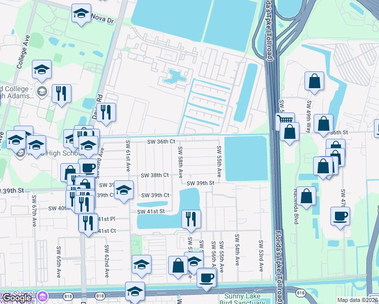 map of restaurants, bars, coffee shops, grocery stores, and more near 5720 Southwest 37th Street in Davie