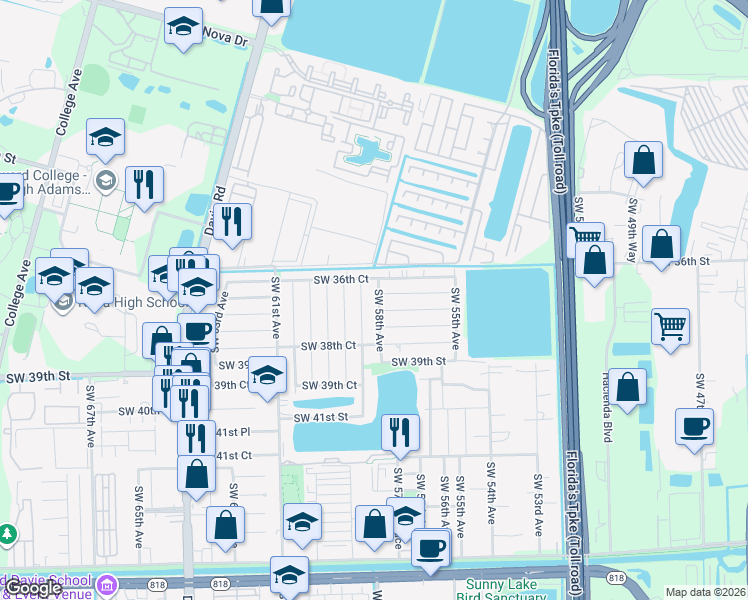 map of restaurants, bars, coffee shops, grocery stores, and more near 3700 Southwest 58th Terrace in Davie