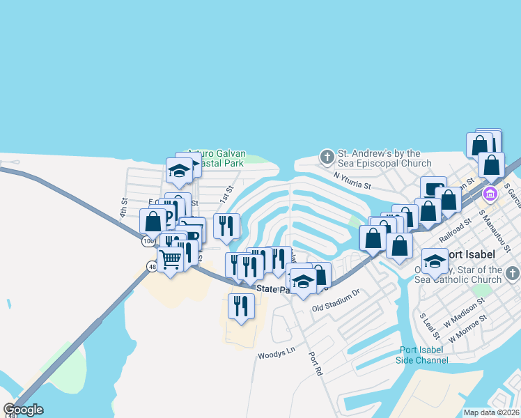 map of restaurants, bars, coffee shops, grocery stores, and more near 1406 Harbor Island Drive in Port Isabel