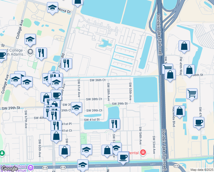 map of restaurants, bars, coffee shops, grocery stores, and more near 3700 Southwest 58th Terrace in Davie