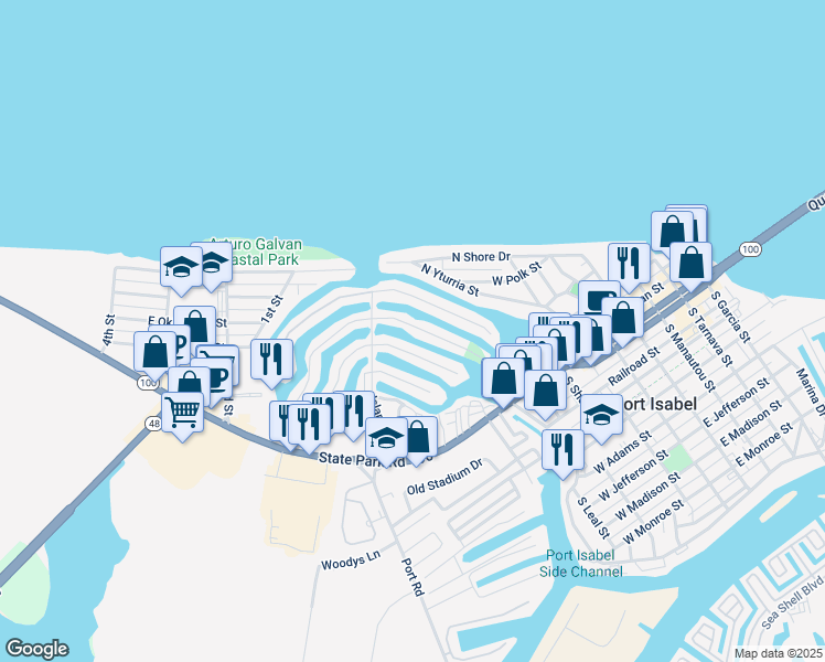 map of restaurants, bars, coffee shops, grocery stores, and more near 1101 Pompano Avenue in Port Isabel