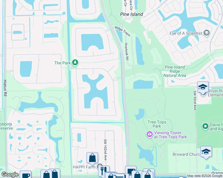 map of restaurants, bars, coffee shops, grocery stores, and more near 3623 Churchill Downs Drive in Davie