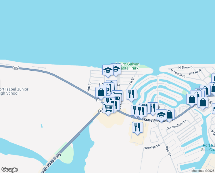 map of restaurants, bars, coffee shops, grocery stores, and more near 1745 Oklahoma Avenue in Port Isabel