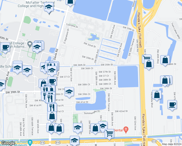 map of restaurants, bars, coffee shops, grocery stores, and more near 3701 Southwest 58th Terrace in Davie