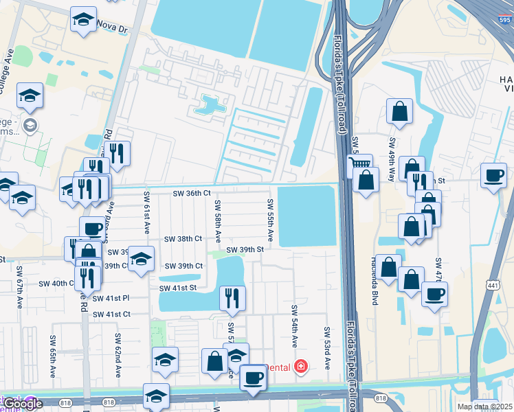 map of restaurants, bars, coffee shops, grocery stores, and more near 5600 Southwest 37th Street in Davie