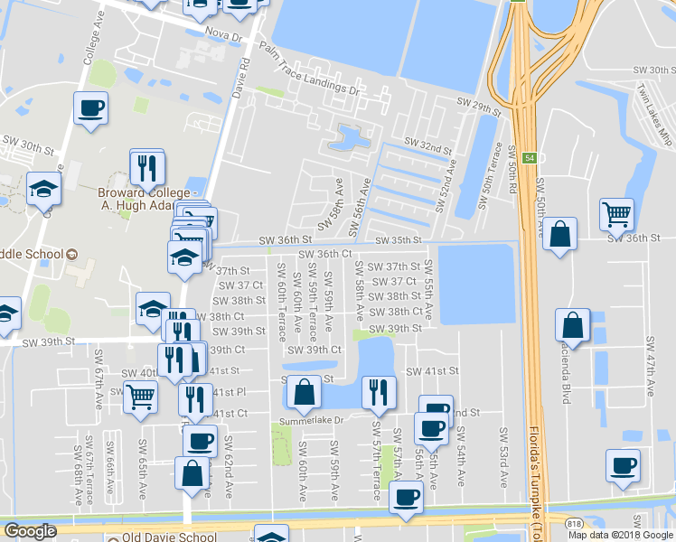map of restaurants, bars, coffee shops, grocery stores, and more near 3700 Southwest 58th Terrace in Davie