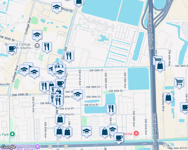 map of restaurants, bars, coffee shops, grocery stores, and more near 3686 Southwest 59th Terrace in Davie