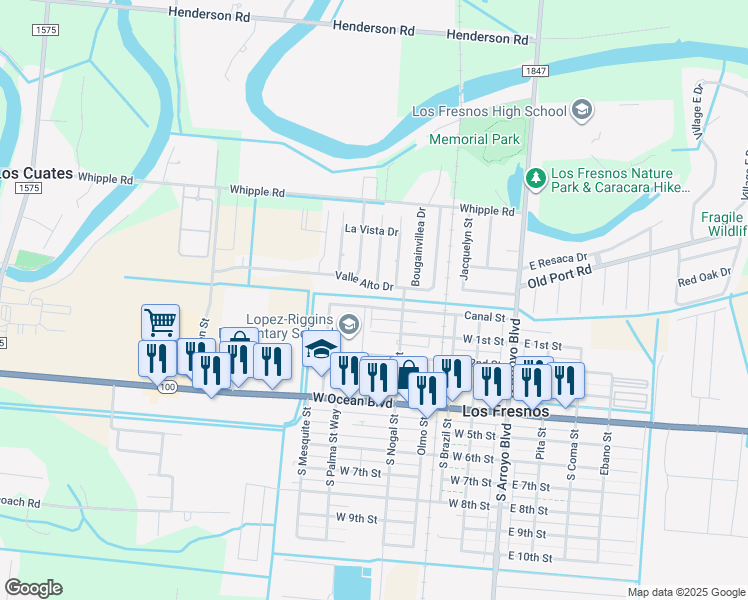 map of restaurants, bars, coffee shops, grocery stores, and more near 430 Canal St in Los Fresnos